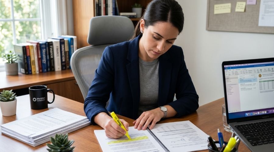 Una persona revisando documentos y resaltando secciones importantes, expresión enfocada, espacio de trabajo limpio, tono profesional, gran atención al detalle,
