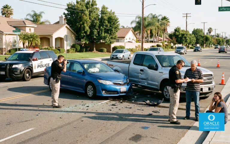 Highly realistic image of a car accident scene in Murrieta, California with two vehicles involved, police officers documenting the scene, drivers speaking nearby, natural daylight, documentary photography style