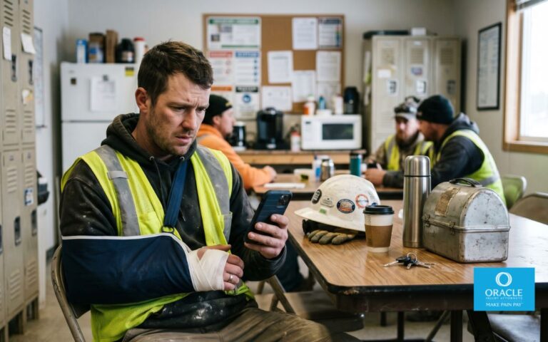 A worried construction worker sitting in a break room holding his injured arm, looking at his phone with concern, workplace environment in background, natural lighting, realistic style, shallow depth of field, emphasizing stress and uncertainty, no text