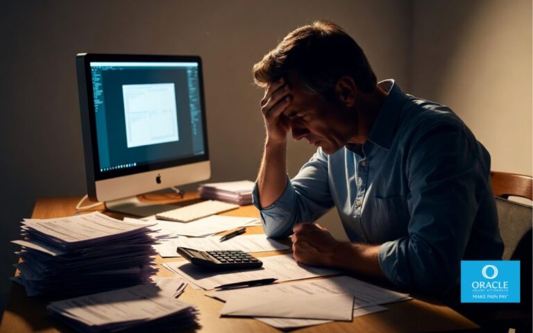 A stressed worker sitting at a table with unpaid bills and paperwork spread out, holding their head in frustration, warm indoor lighting with dramatic shadows, realistic emotional expression, cinematic style, high detail
