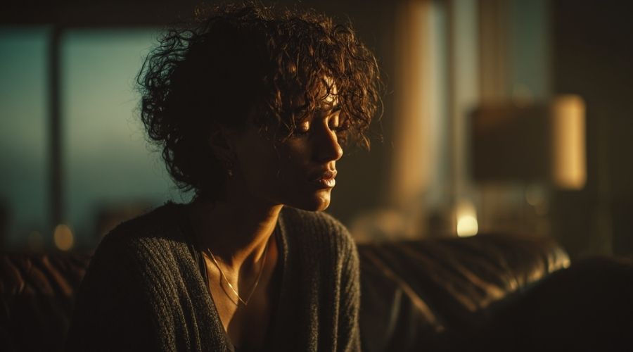 ¿Qué indemnización puede recibir tras un accidente de coche en Murrieta? 2 Una persona sentada sola en una habitación con poca luz, con aspecto emocionalmente agotado, expresión sutil de dolor o reflexión, sombras suaves, tono cinematográfico, enfoque en la emoción humana más que en el entorno.