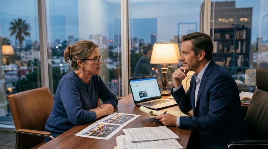 A professional attorney in a modern office attentively listening to a client across a desk, both engaged in conversation, documents visible, natural light through large windows, calm and confident atmosphere, realistic business setting