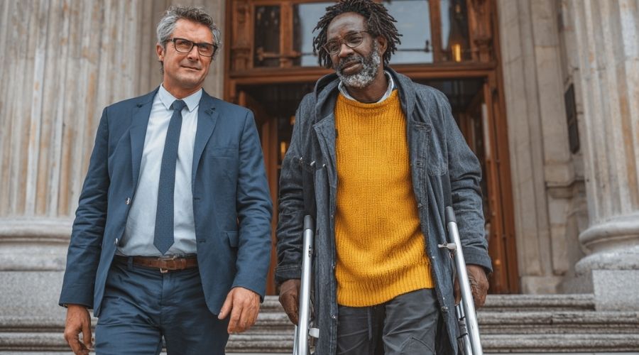 Santa Ana Personal Injury Claims: What Damages Can You Legally Recover? 3 A relieved injury victim leaving a law office with a sense of confidence, walking alongside an attorney, bright daylight, positive and hopeful tone, realistic high-quality photography style