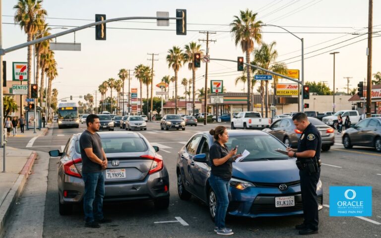 two cars pulled over after minor collision on busy Santa Ana street, one driver talking to police officer while the other stands nearby, late afternoon sunlight, palm trees and traffic signals in background, realistic urban setting, candid photojournalism style, natural colors