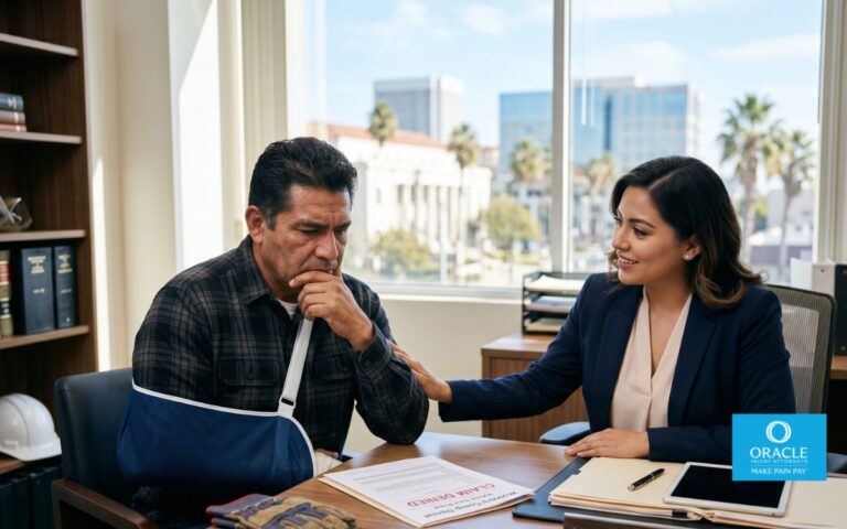 A high-quality, modern photograph capturing a middle-aged male construction worker with a visible sling on his left arm, sitting at a contemporary desk in a law office. He looks distressed, with his hand on his chin, staring intently at a document marked 'CLAIM DENIED'. Opposite him sits a professional female attorney in a navy blazer, her expression empathetic and supportive, placing a hand on his forearm while explaining the next steps. Soft daylight streams in through a window overlooking a soft-focus Santa Ana skyline in the distance. The lighting is bright and clean, emphasizing a serious but hopeful mood.