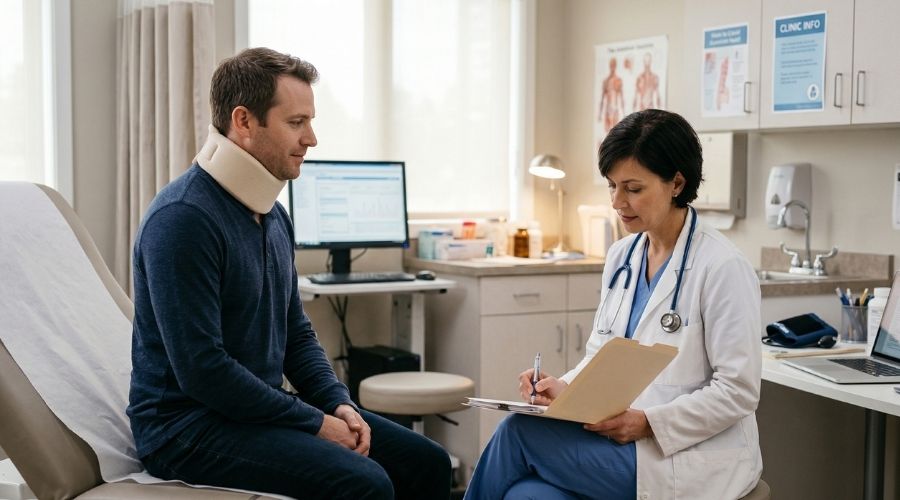 What to Do After a Car Accident in Lake Forest, California 2 A patient being examined by a doctor in a clinic, wearing a neck brace, doctor reviewing notes, calm medical environment, soft lighting, realistic healthcare setting.