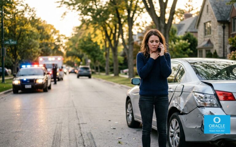 A realistic scene of a shaken adult standing beside a damaged car on a suburban Lake Forest street at golden hour, holding a phone in one hand and touching their neck in discomfort, soft emergency lights reflecting in the background, cinematic lighting, shallow depth of field, high detail, emotional realism, no visible logos