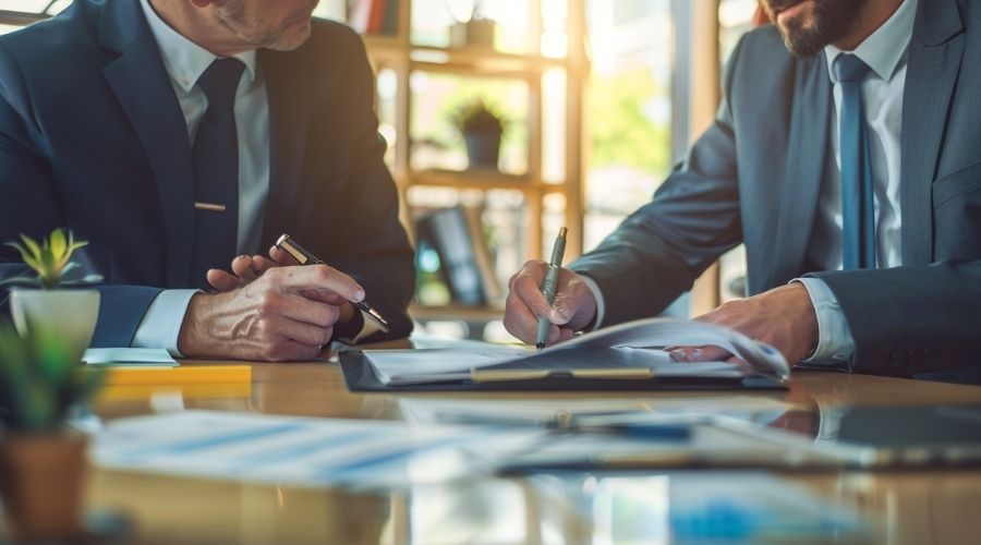 lawyer explaining filing deadlines to client in office, serious discussion, documents on desk, natural light, realistic corporate photography