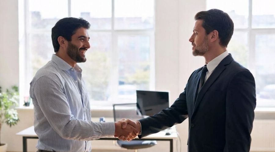 A relieved client shaking hands with an attorney in a bright office, smiling, sunlight through windows, symbolizing resolution, trust, and successful outcome