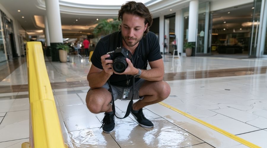 person taking photos of a wet floor hazard after a slip and fall accident, clear focus on documenting evidence, modern shopping center in Murrieta, realistic environment, natural lighting, legal claim context, professional documentary photography