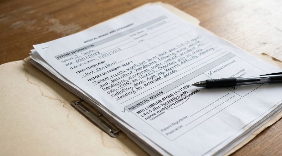 close-up of medical file with injury notes and diagnostic results, pen marking important details, high realism, shallow depth of field, legal evidence concept, clean composition 