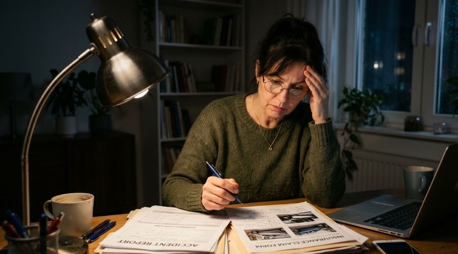 Santa Ana Auto Accidents: When Should You Hire a Personal Injury Attorney? 2 person sitting alone at desk late at night reviewing accident paperwork, dim desk lamp lighting, slightly stressed expression, realistic home office, subtle shadows, cinematic but natural