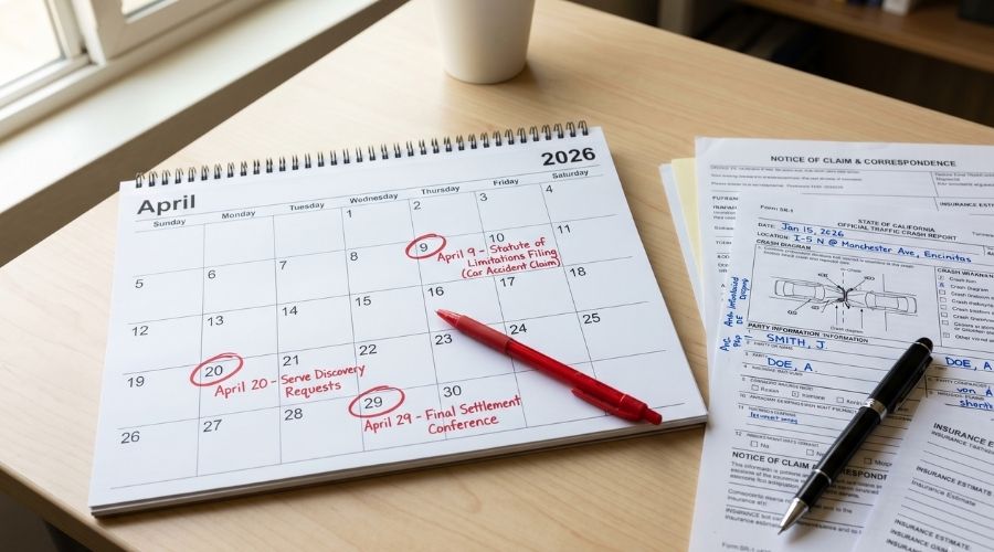 Reclamaciones por accidentes de tráfico en Murrieta: ¿Cuánto tiempo tiene para presentar una reclamación en California? 1 Imagen fotorrealista de un calendario con fechas límite legales importantes marcadas en rojo junto a documentos de un accidente automovilístico y un bolígrafo; escritorio ordenado, iluminación natural, detalles realistas, 2048x1152
