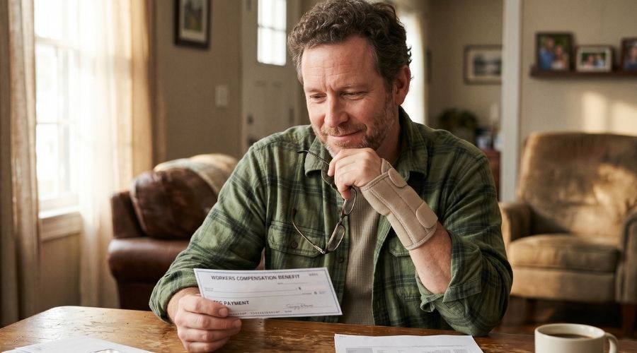 Un trabajador revisando un cheque de beneficios o un extracto bancario en casa, expresión de alivio pero aún pensativa, iluminación cálida y suave, que simboliza el apoyo financiero después de una lesión, fotografía de estilo de vida realista.