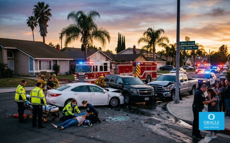A dramatic scene of a serious multi-car crash at an intersection in a suburban Southern California neighborhood, emergency responders assisting injured individuals, flashing lights reflecting off damaged vehicles, sunset lighting, cinematic realism, high detail, emotional intensity, no logos