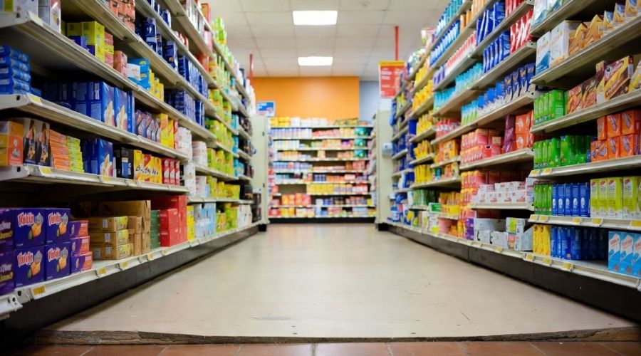 A store aisle with a visible hazard such as a uneven flooring, no warning signs present, clean but realistic retail environment, subtle tension in the scene.