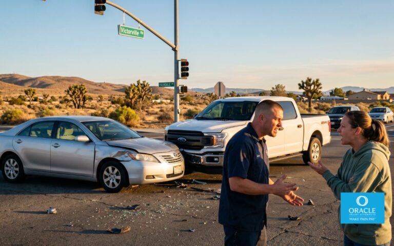 two damaged cars after collision at intersection in Victorville CA, drivers standing apart arguing, visible frustration and tension, cinematic lighting, ultra realistic, high detail, dramatic shadows, 50mm lens, photorealistic