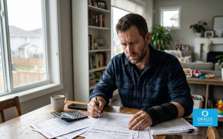 A realistic scene of an injured construction worker sitting at home reviewing medical paperwork and bills, wearing a wrist brace, natural lighting, serious expression, modern suburban interior, emphasizing stress and uncertainty about the future, cinematic depth of field