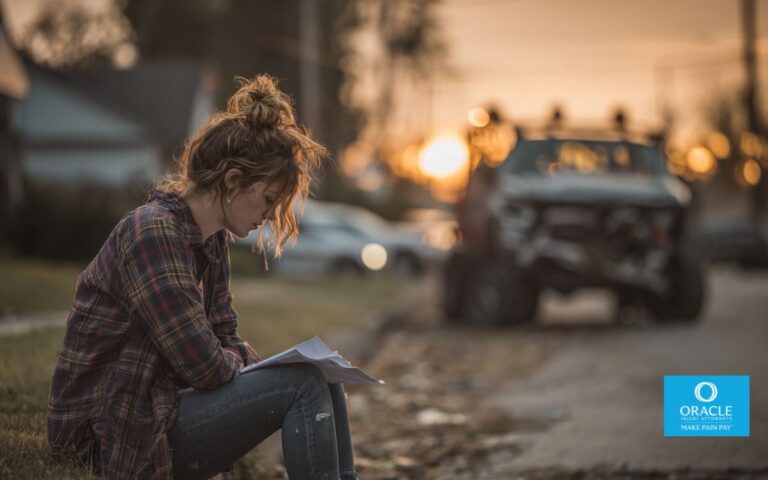 A distressed individual sitting beside a damaged car on a suburban Murrieta street, holding paperwork and looking overwhelmed, tow truck in the background, soft sunset lighting, cinematic realism, high emotional impact, no logos