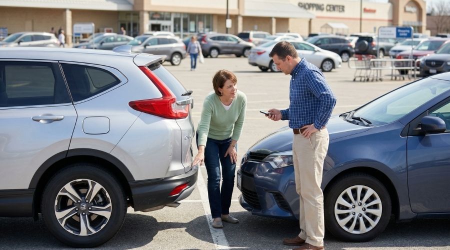 Two cars lightly touching in a parking lot, minimal damage visible, drivers inspecting the vehicles calmly, everyday setting like a shopping center, bright daylight, realistic and relatable scenario.
