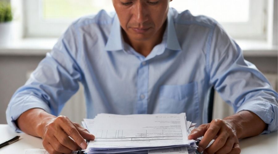 Una víctima de un accidente automovilístico revisa facturas médicas y presupuestos de reparación en un escritorio, con expresión preocupada, documentos extendidos, iluminación tenue, simbolizando la recuperación financiera y la compensación. 