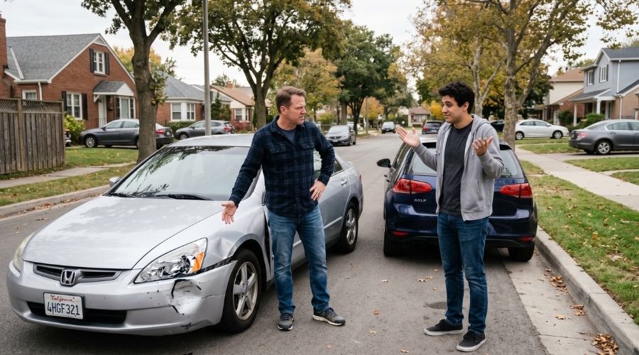 Hesperia Car Accidents: What Happens If the Other Driver Is Uninsured? 1 A driver standing next to a damaged car looking frustrated while another driver shrugs apologetically, no insurance card visible, suburban street setting, realistic expressions, neutral lighting