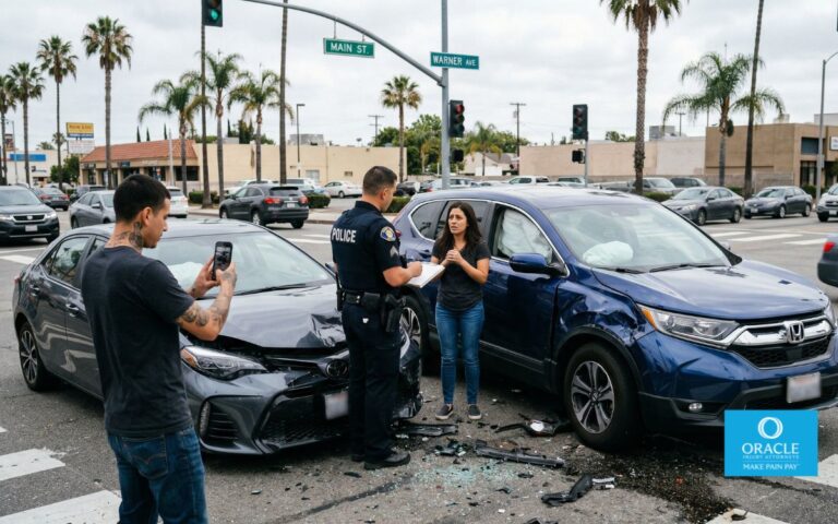 You said A realistic car accident scene in Santa Ana with two damaged vehicles at an intersection, one driver taking photos while another speaks with a police officer, natural daylight, cinematic realism, high detail, emotional authenticity, no logos.
