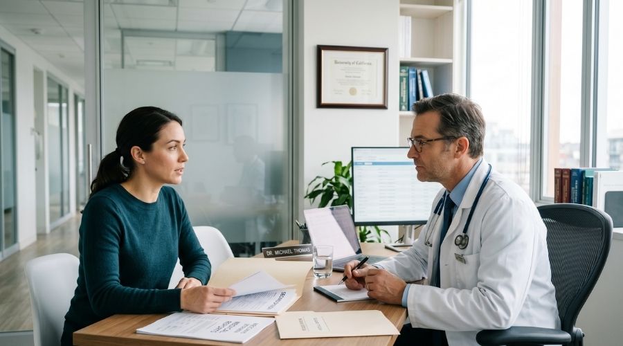 Costa Mesa Job Injury Claims: Can You Choose Your Own Doctor? 2 A concerned patient speaking to a different doctor for a second opinion, calm but serious interaction, modern clinic setting, natural lighting, professional tone