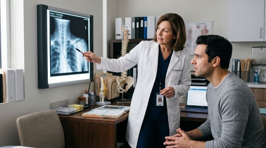 Un médico explica las consecuencias de una lesión a largo plazo a un paciente en una consulta médica, señalando una radiografía en una pantalla; el paciente escucha atentamente con preocupación. Entorno sanitario profesional, iluminación natural suave, estilo documental realista.