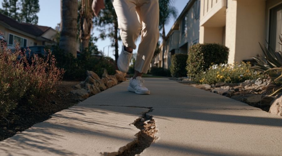 apartment complex outdoor walkway in Murrieta, uneven pavement crack causing trip hazard, person stumbling forward, warm California sunlight, realistic textures, suburban environment, sharp detail, photorealistic -