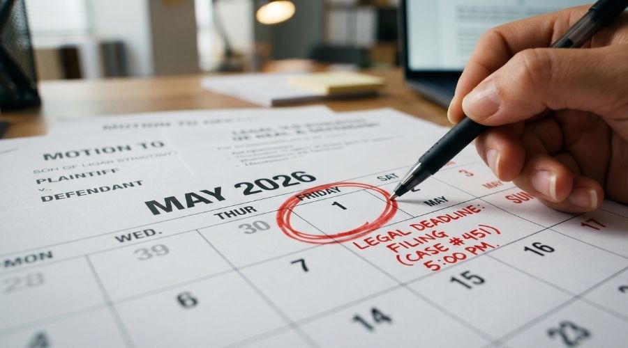 close-up of calendar page with marked legal deadline approaching, pen in hand, shallow depth of field, high realism, time-sensitive legal concept