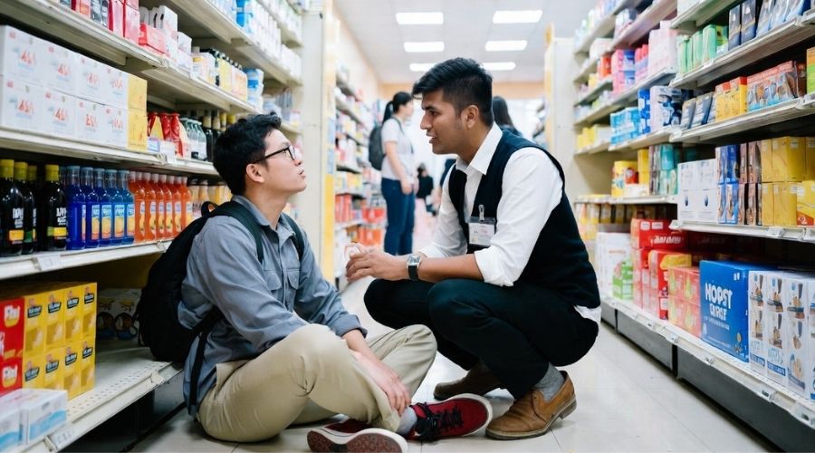 
2,1s
A person sitting on the floor of a store being assisted by an employee, concerned expressions, natural candid moment, authentic retail setting.