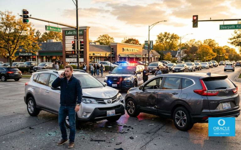 A realistic car accident scene at a busy Lake Forest intersection, two damaged vehicles, one driver standing outside looking stressed while holding a phone, emergency lights reflecting off surfaces, golden hour lighting, cinematic realism, high detail