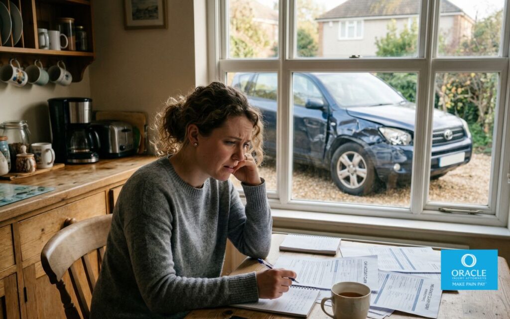 Una persona sentada a la mesa de la cocina revisando documentos relacionados con un accidente con expresión preocupada; un coche dañado visible a través de la ventana exterior; iluminación natural tenue; realismo cinematográfico; autenticidad emocional.
