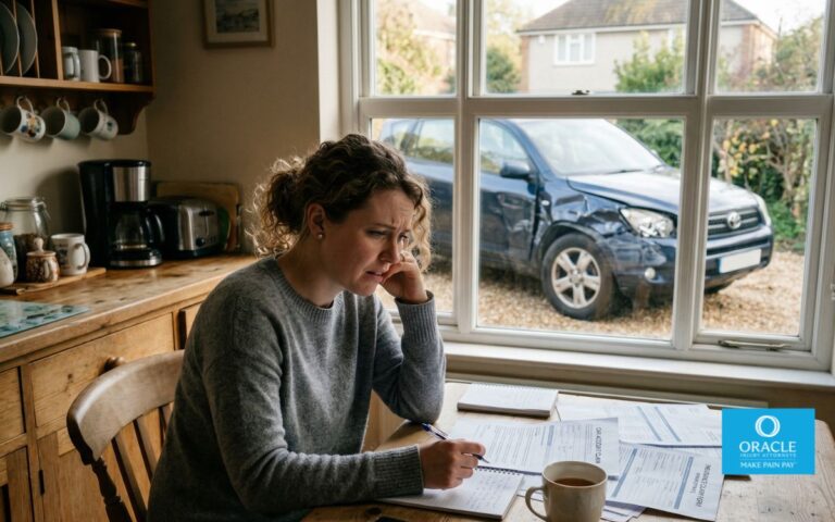 A person sitting at a kitchen table reviewing accident-related documents with a worried expression, damaged car visible through the window outside, soft natural lighting, cinematic realism, emotional authenticity.