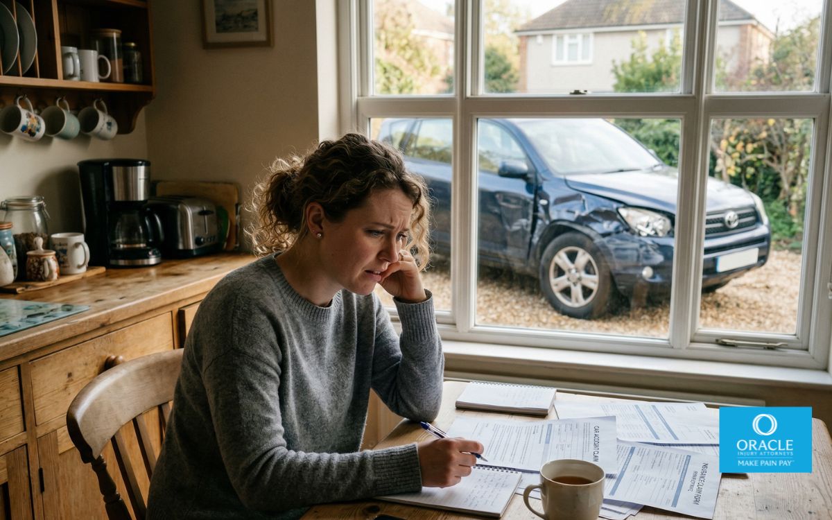 Una persona sentada a la mesa de la cocina revisando documentos relacionados con un accidente con expresión preocupada; un coche dañado visible a través de la ventana exterior; iluminación natural tenue; realismo cinematográfico; autenticidad emocional.