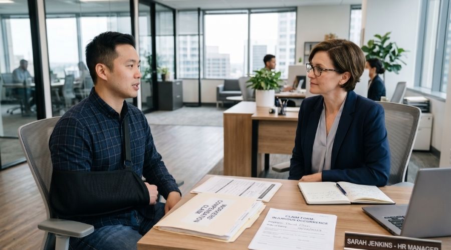 Costa Mesa Job Injury Claims: Can You Choose Your Own Doctor? 1 A professional office setting with an injured worker speaking to an HR representative or insurance adjuster, documents on desk labeled “Workers Compensation,” neutral expressions, modern office environment, realistic lighting