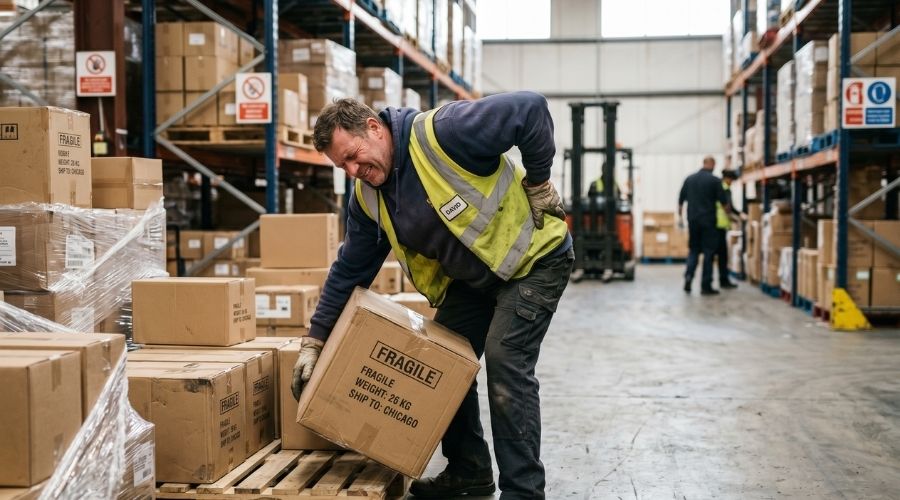 Un trabajador de almacén se detiene debido a un dolor de espalda mientras levanta una caja, entorno industrial natural, momento espontáneo, iluminación suave, alto realismo,