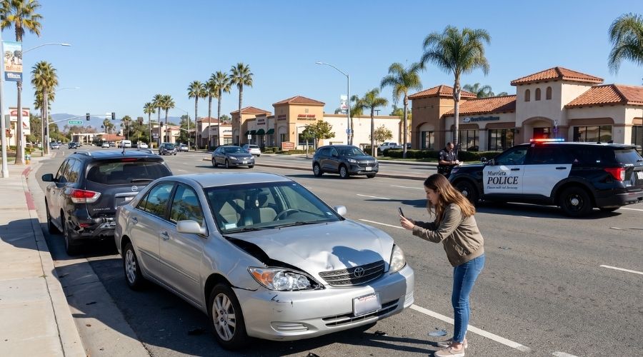 Reclamaciones por accidentes de tráfico en Murrieta: ¿Cuánto tiempo tiene para presentar una reclamación en California? 2 Escena realista de una víctima de accidente automovilístico tomando fotos de los daños del vehículo con un teléfono inteligente en una calle de Murrieta, coche de policía al fondo, luz diurna, entorno auténtico, 2048x1152