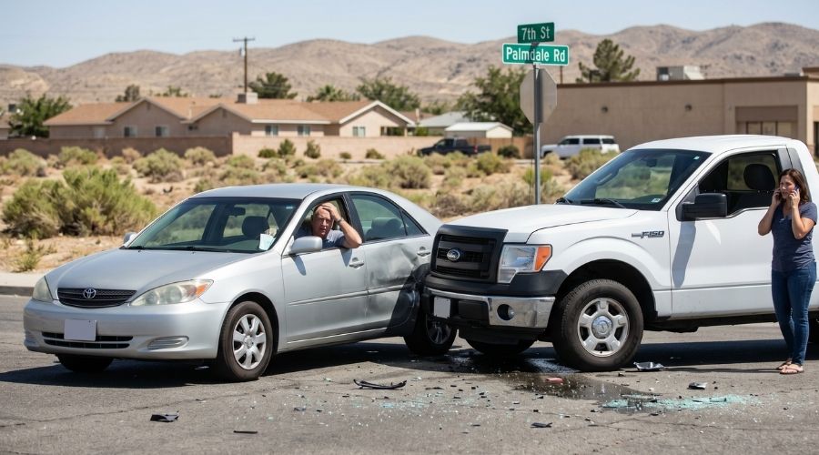 Victorville Car Crash Claims: How Fault Is Determined in California 1 car accident scene at suburban intersection, two vehicles stopped after crash, drivers looking confused and concerned, daylight, realistic environment, documentary photography style, high detail, natural lighting