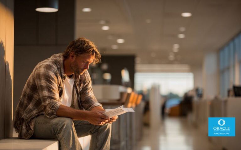 A realistic scene of an injured worker sitting in a modern office breakroom in Anaheim, looking concerned while reviewing paperwork, soft natural lighting, professional environment, subtle California elements, documentary photography style, high detail