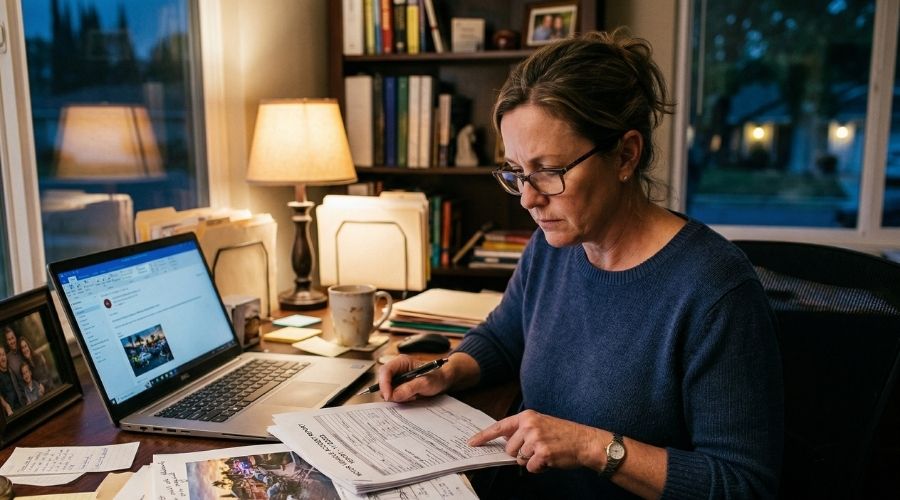 A person sitting at a desk reviewing accident-related paperwork with a serious expression, laptop open, legal documents and a pen in hand, soft indoor lighting, realistic home or office environment, storytelling composition
