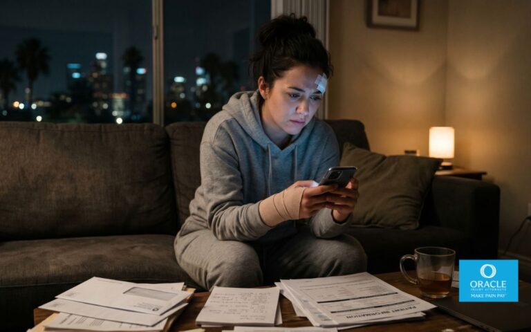 Ultra-realistic cinematic scene of an injured car accident victim sitting at home late at night scrolling through social media on a smartphone while legal paperwork and medical documents rest on a nearby table, subtle anxiety and concern on their face, modern California apartment setting, realistic lighting from phone screen, moody atmosphere, highly detailed, documentary photography style, shallow depth of field, 8k realism