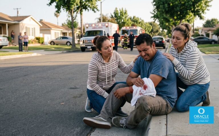 Ultra-realistic scene of a residential Buena Park neighborhood after a dog bite incident, injured adult holding arm wound while sitting on curb, concerned family member nearby, suburban California atmosphere, emergency responders arriving in background, natural lighting, cinematic realism, detailed facial expressions, documentary photography style, high detail