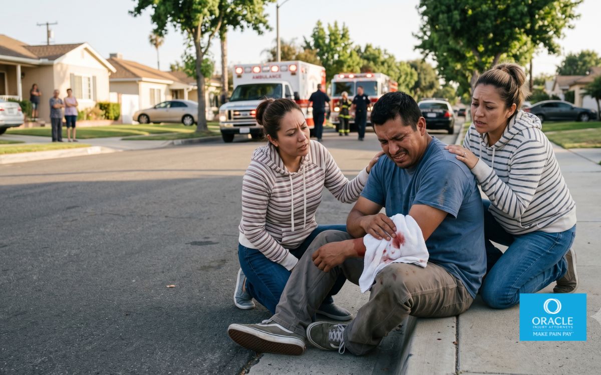 Escena ultrarrealista de un barrio residencial de Buena Park tras un incidente de mordedura de perro. Un adulto herido se sujeta el brazo mientras está sentado en la acera. Un familiar preocupado se encuentra cerca. Ambiente suburbano de California. Los servicios de emergencia llegan al fondo. Iluminación natural. Realismo cinematográfico. Expresiones faciales detalladas. Estilo de fotografía documental. Alto nivel de detalle.
