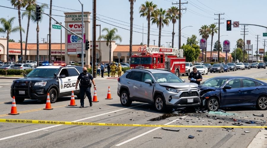 ¿Lesionado por un conductor sin seguro en Garden Grove? Sus opciones explicadas 1 Escena del accidente automovilístico en Garden Grove