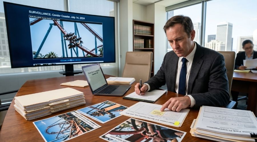 Abogado especializado en lesiones personales revisando grabaciones de vigilancia, informes de incidentes, fotografías y registros de mantenimiento relacionados con un accidente en un parque temático, despacho de abogados moderno