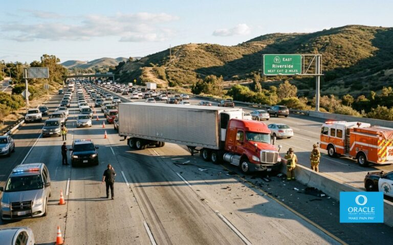 commercial truck jackknife accident on busy Riverside freeway, realistic California highway environment, emergency response vehicles nearby, cinematic lighting, documentary photography style