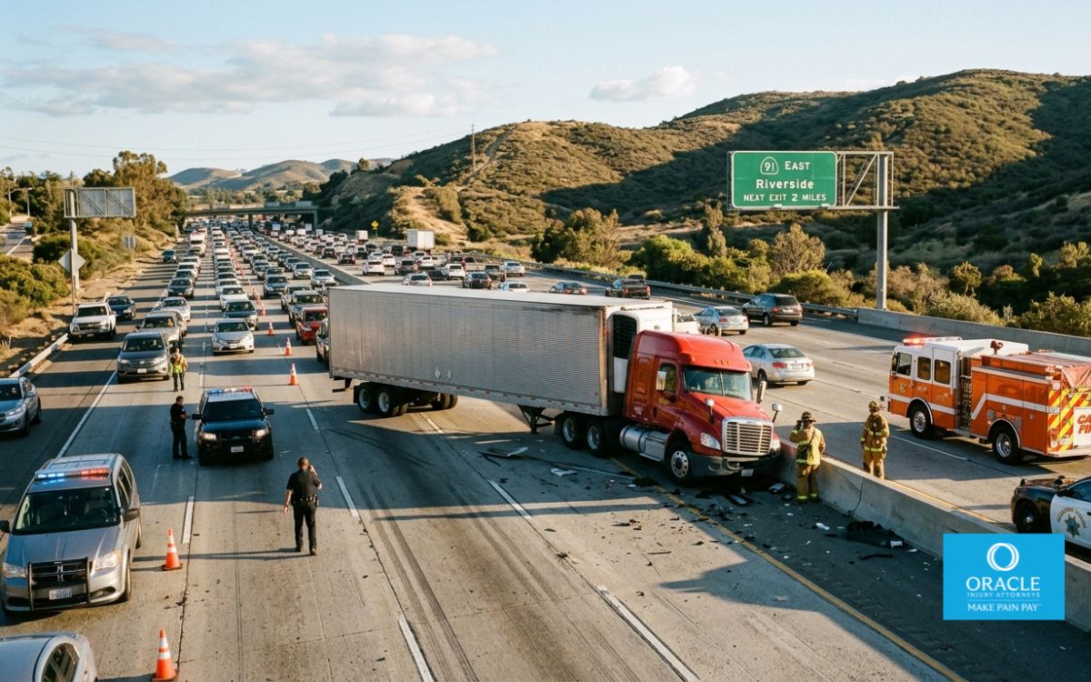 Accidente de camión articulado en la concurrida autopista Riverside, entorno realista de una carretera californiana, vehículos de emergencia cercanos, iluminación cinematográfica, estilo de fotografía documental.
