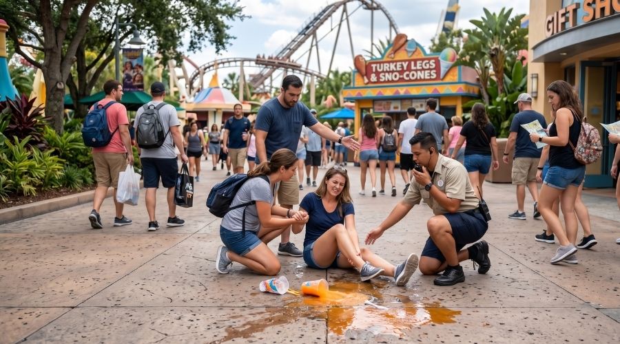 Pasarela de un parque temático con una bebida derramada que crea un peligro de resbalón, visitante herido en el suelo recibiendo asistencia, entorno de parque de atracciones abarrotado, iluminación realista, gran nivel de detalle, fotografía profesional.